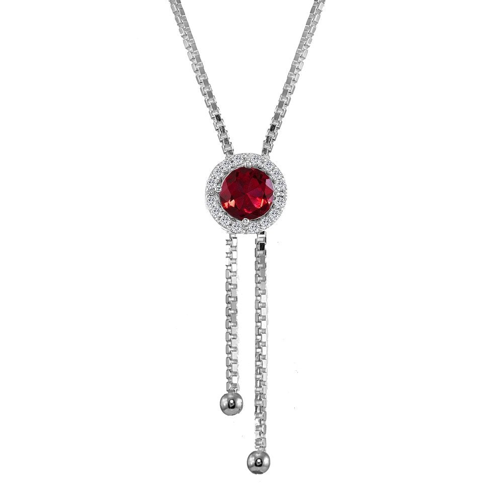 GemStar USA Sterling Silver Synthetic Ruby and White Topaz Round Halo Drop Adjustable Lariat Necklace