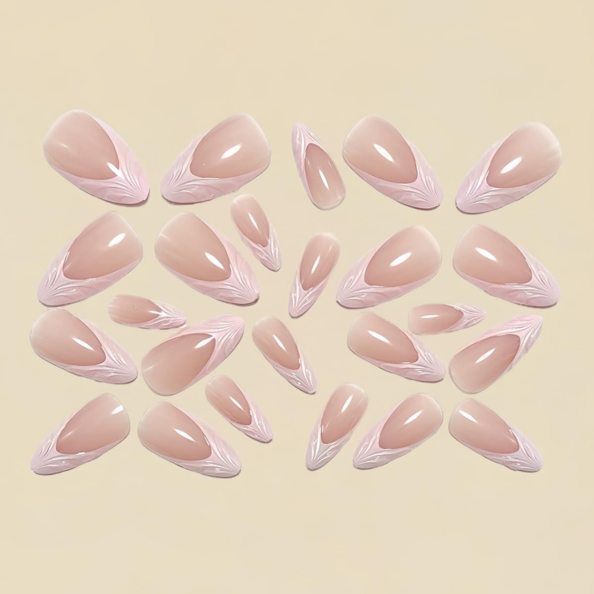 Pink French Tip Press on Nails Medium Almond Fake Nails Glossy Chrome False Nails Press ons 3D Acrylic Nails Shiny Cute Glue on Nails for Women Nail Decoration 24Pcs