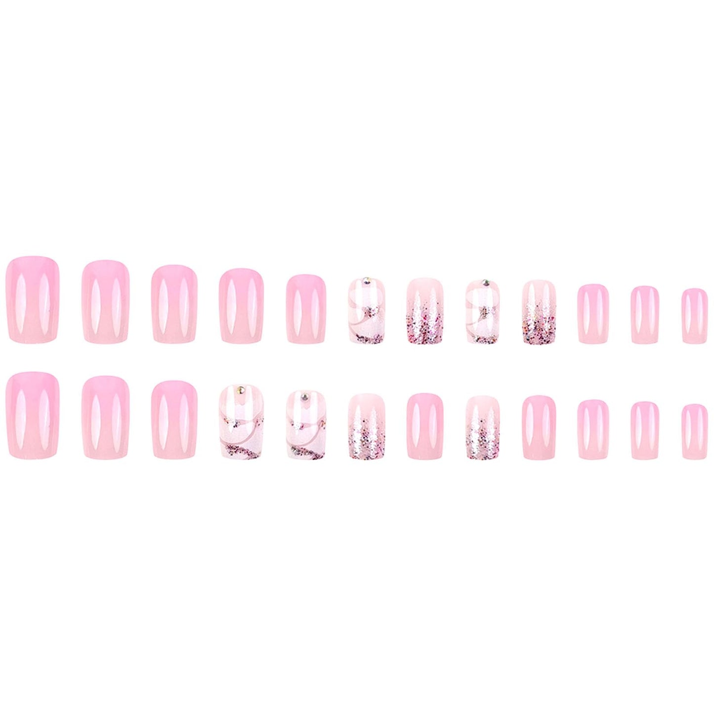 24Pcs Press on Nails Medium Square Fake Nails with Glitter Rhinestones Designs Glossy Nails Press ons Pink Gradient Glue on Nails Acrylic Artificial Stick on Nails for Women