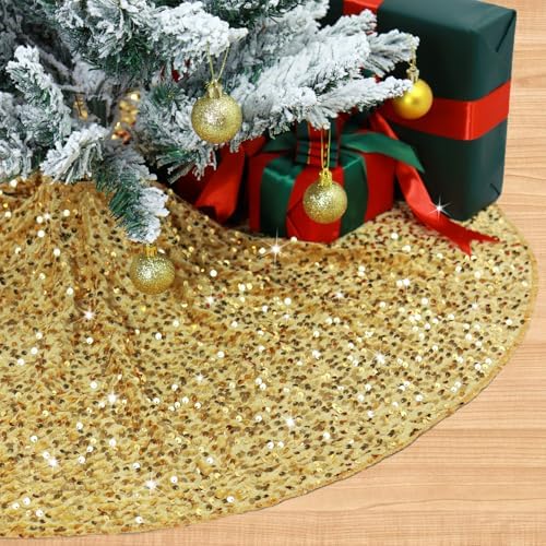 Small Gold Christmas Tree Skirt 21 Inches Glittery Sequin Tree Skirt Round Mini Tree Base Cover with Gold Sequins Tree Skirts Christmas Pencil Tree Skirt for 4ft Xmas Tree Home Decoration