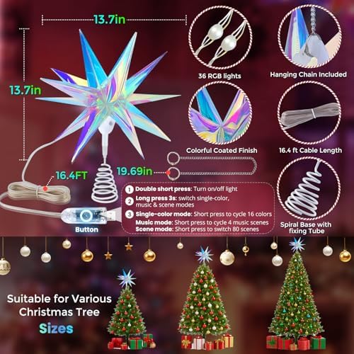 Christmas LED Tree Topper, 13.8" Multi-Color Lighted Christmas Tree Star Topper with Smart APP Control, Music Sync 3D Moravian Star Tree Topper for Outdoor Indoor Xmas Holiday Decor