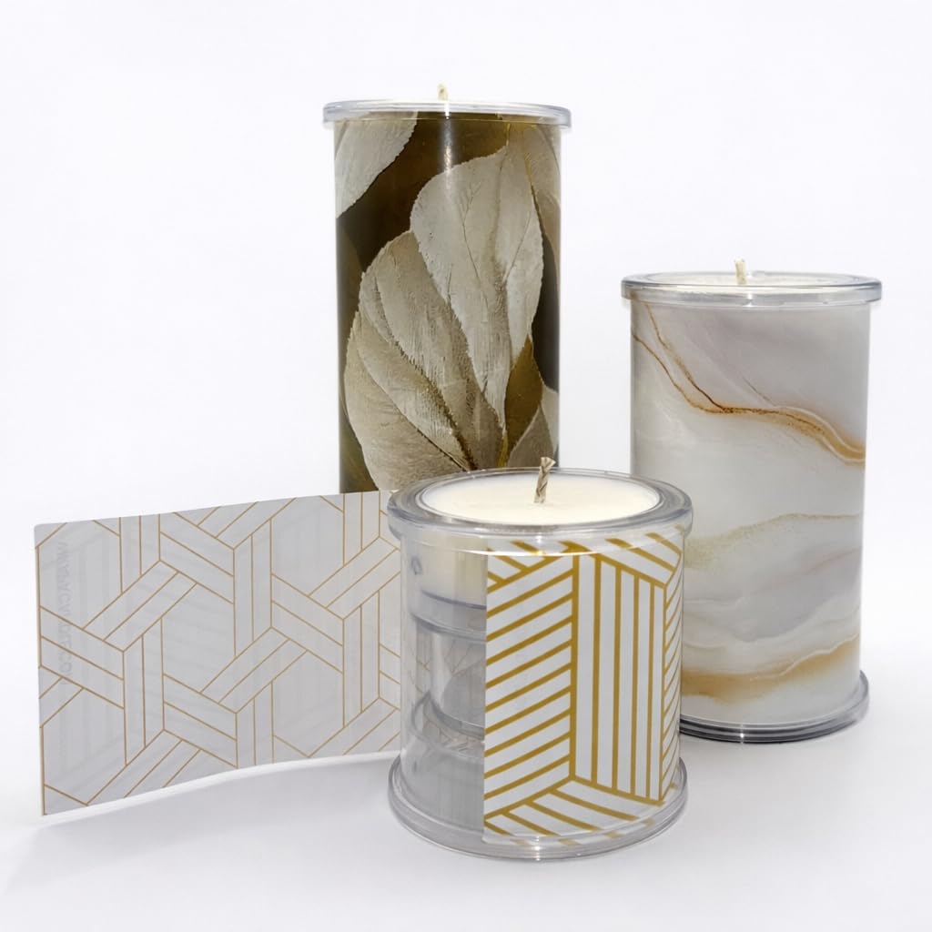 Decorative Candle Holder Set of 3 Home Decor, Reusable Interchangeable Pillar Candle System Decorative Wraps, Refillable Tea Light Centerpiece Candles for Holiday Decor, Table Styling & Gift Giving