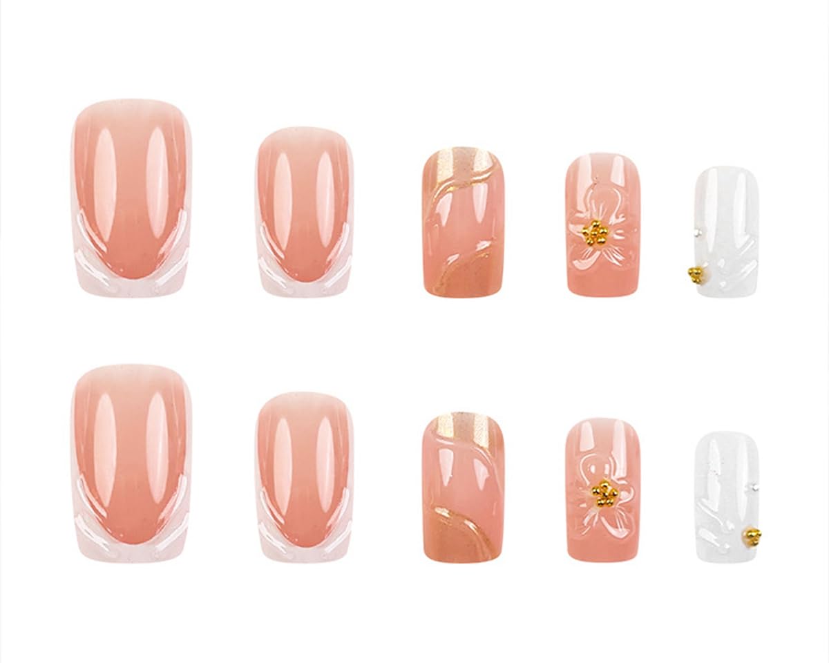 Flower Press on False Nails French Tip Fake Nails Medium Square Glue on Nails with Gold Striped Pearl Designs Glossy Press ons Stick on Nail for Women Manicure 24Pcs