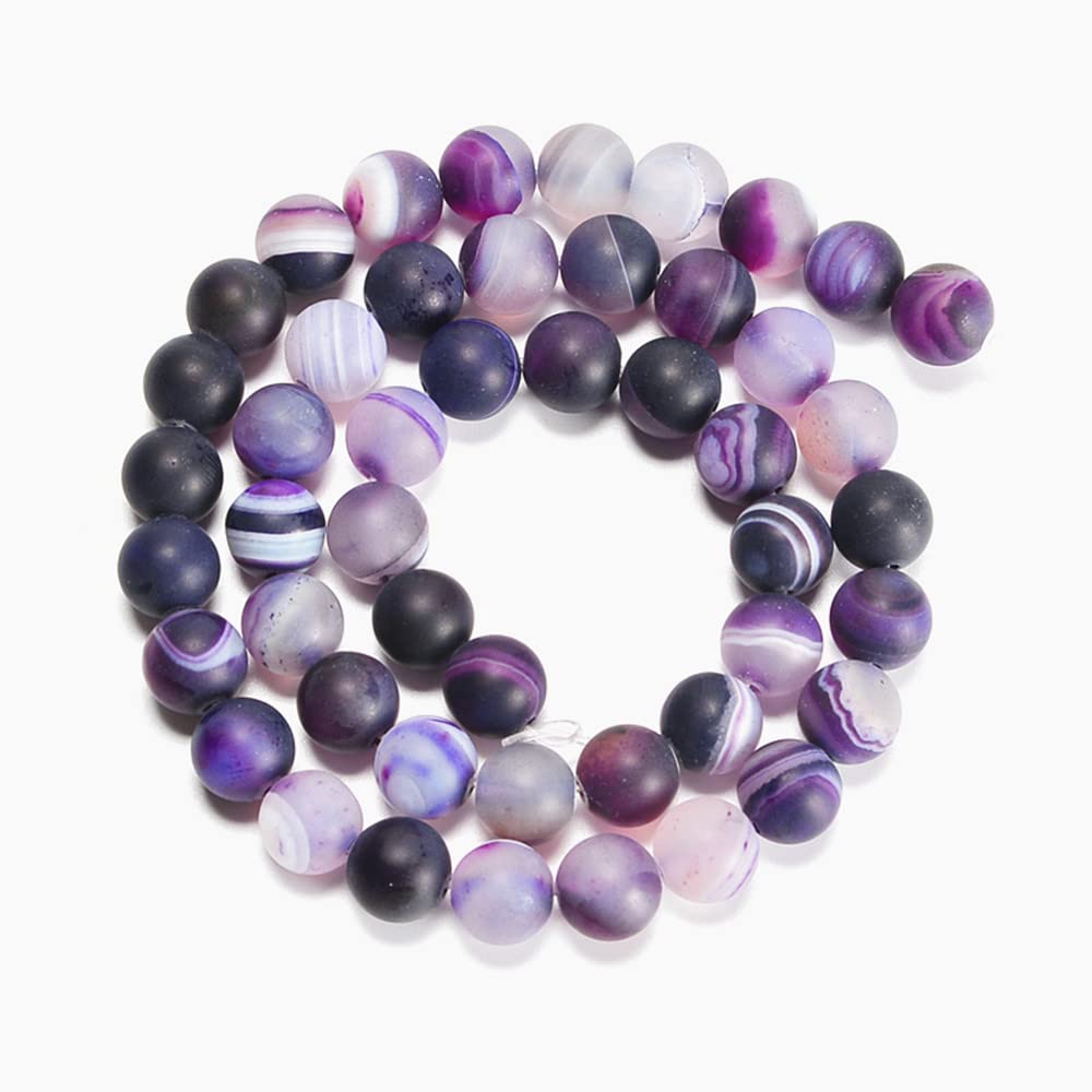 jodaying 10mm Purple Stripe Agate Matte Round Natural Gematone Loose Beads for Jewelry Making DIY 1 Strand 15"