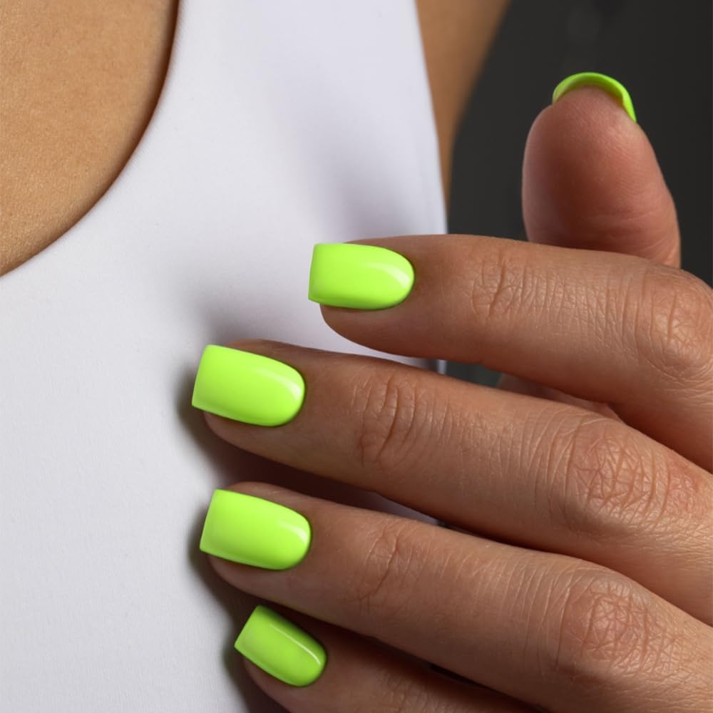 Neon Green Press on Nails Short Square, Acrylic Fake Nails Glue on Short Square Nails Press ons, Soft Gel Glue on Nail Stick on for Women Thick Solid Color 24pcs