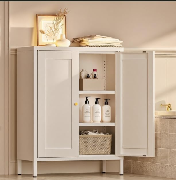 Bathroom Storage Cabinet, Metal Sideboard Cabinet, White Bathroom Floor Cabinets with 2 Doors and Adjustable Shelves for Kitchen, Living Room, Entryway,Office (White, 31.5" H)