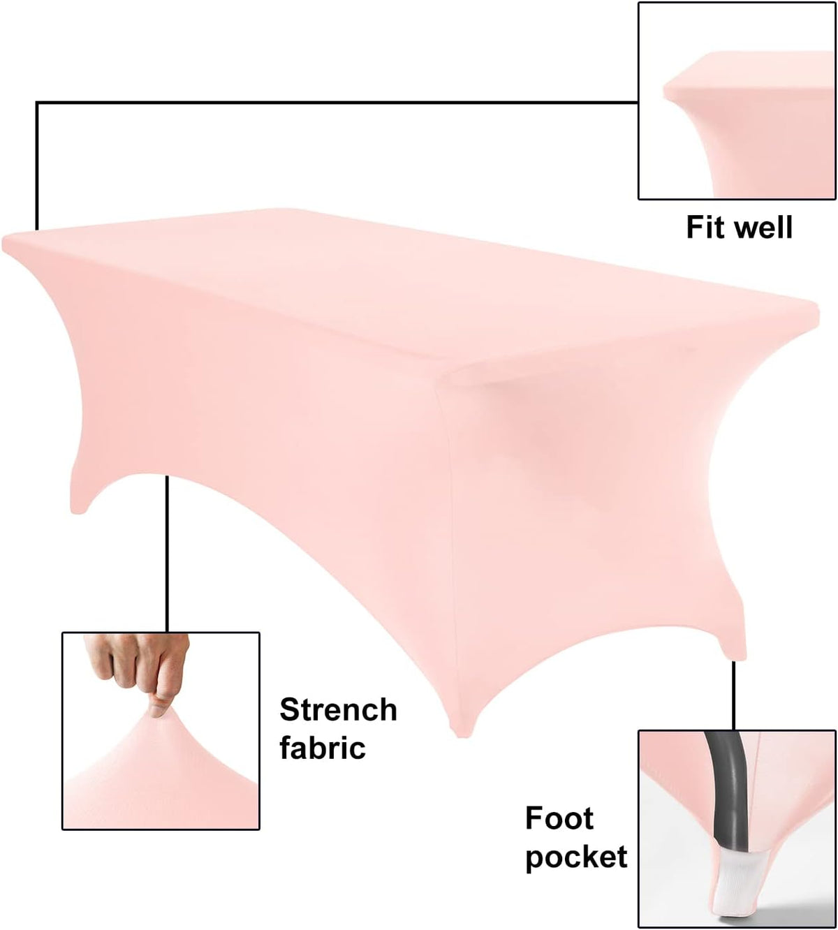 4Pack Spandex Waterproof Table Covers 8ft，Spandex 8ft Waterproof Table Cover for Party,Wedding, Banquet, and Events(Blush Pink)