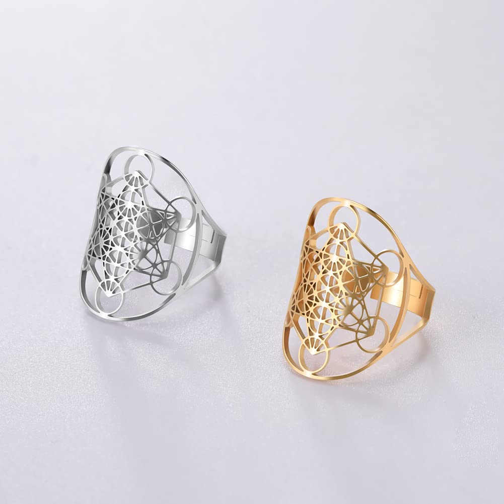 Amaxer Metatron's Cube Ring Archangel Metatron Protection Statement Hollowed Out Womens Stainless Steel Open Band Ring Jewelry