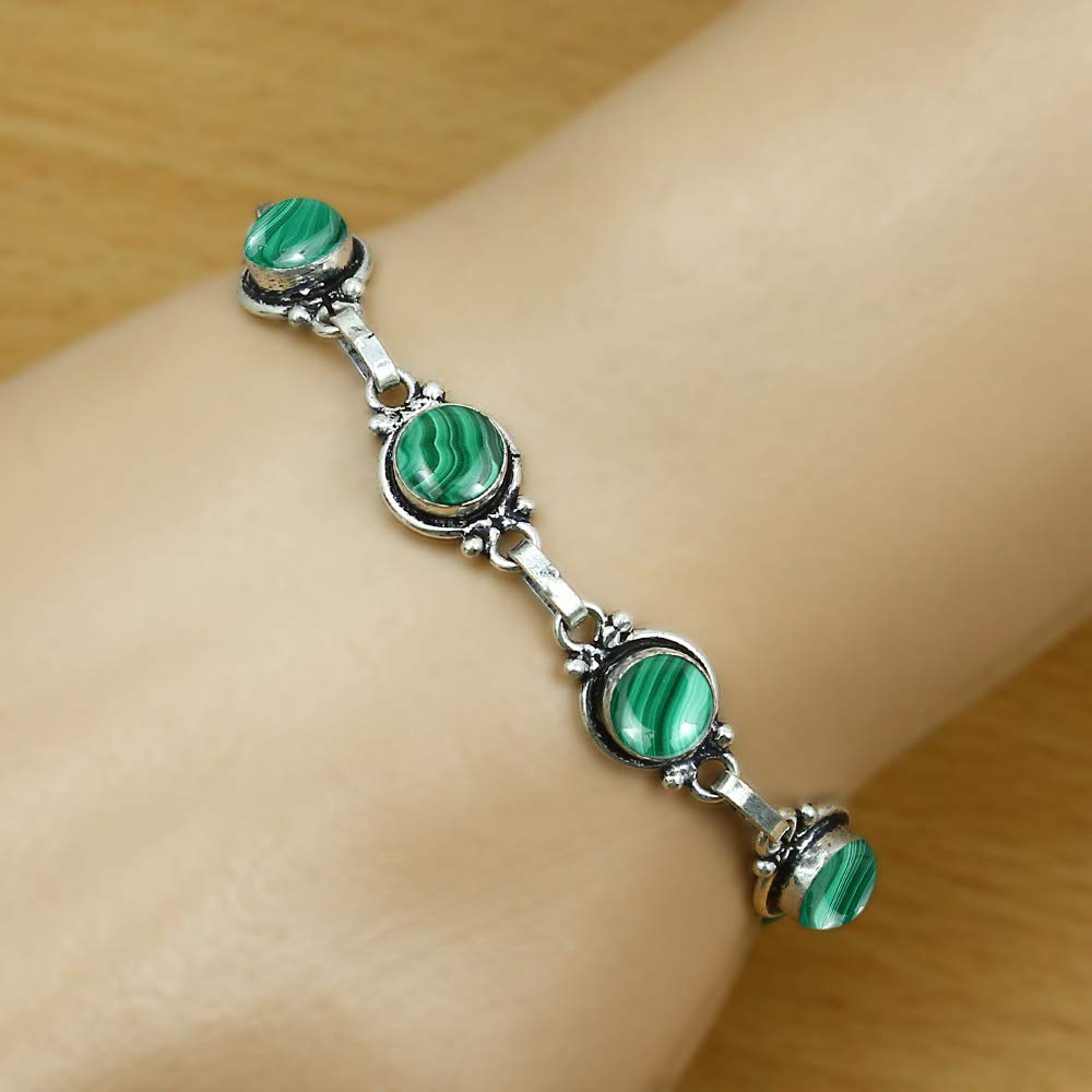 Natural Malachite 925 Silver Plated Green Gemstone Bracelet for Women - April Birthstone Vintage Style Handmade Jewelry Bracelet - Wedding Christmas Gifts for Her
