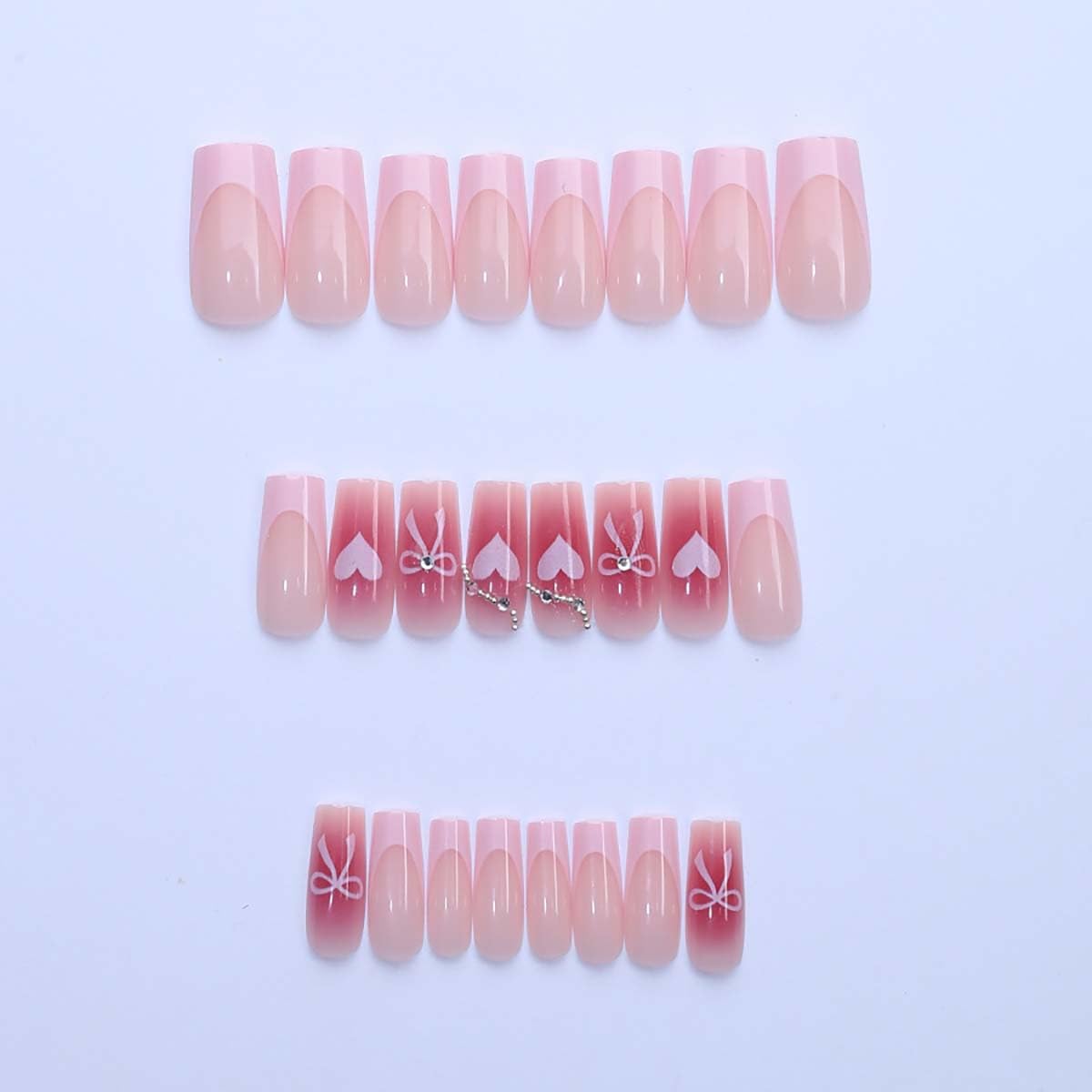 24Pcs French Tip Press on Nails Medium Square Fake Nails Heart Bow Design with Rhinestones Glue on Nails Valentines Glossy False Nails for Women Valentines Nail Decoration for Women Gift