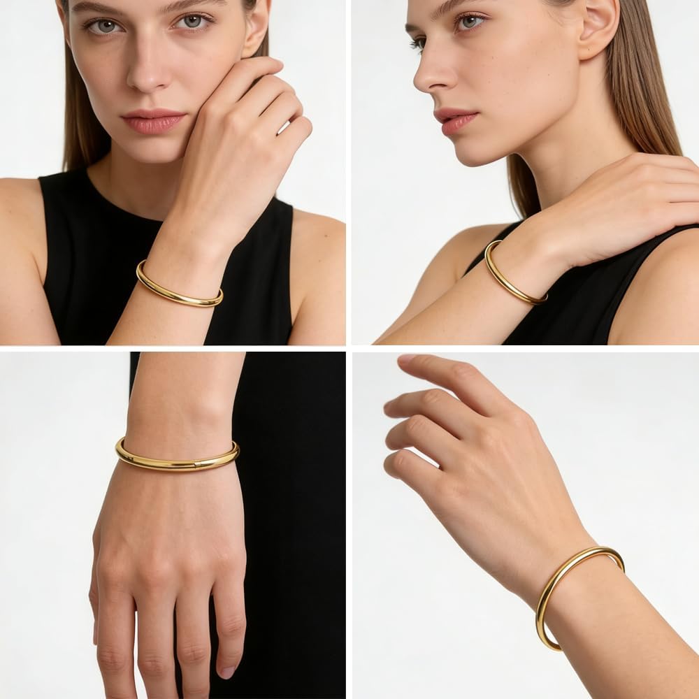 BRIGFUTU 18K Gold Plated Bangles for Women, Dainty Stainless Steel Hinged Bangle Bracelets Set of 2, Waterproof Minimalist Cubic Zirconia Stackable Jewelry Gift for Her