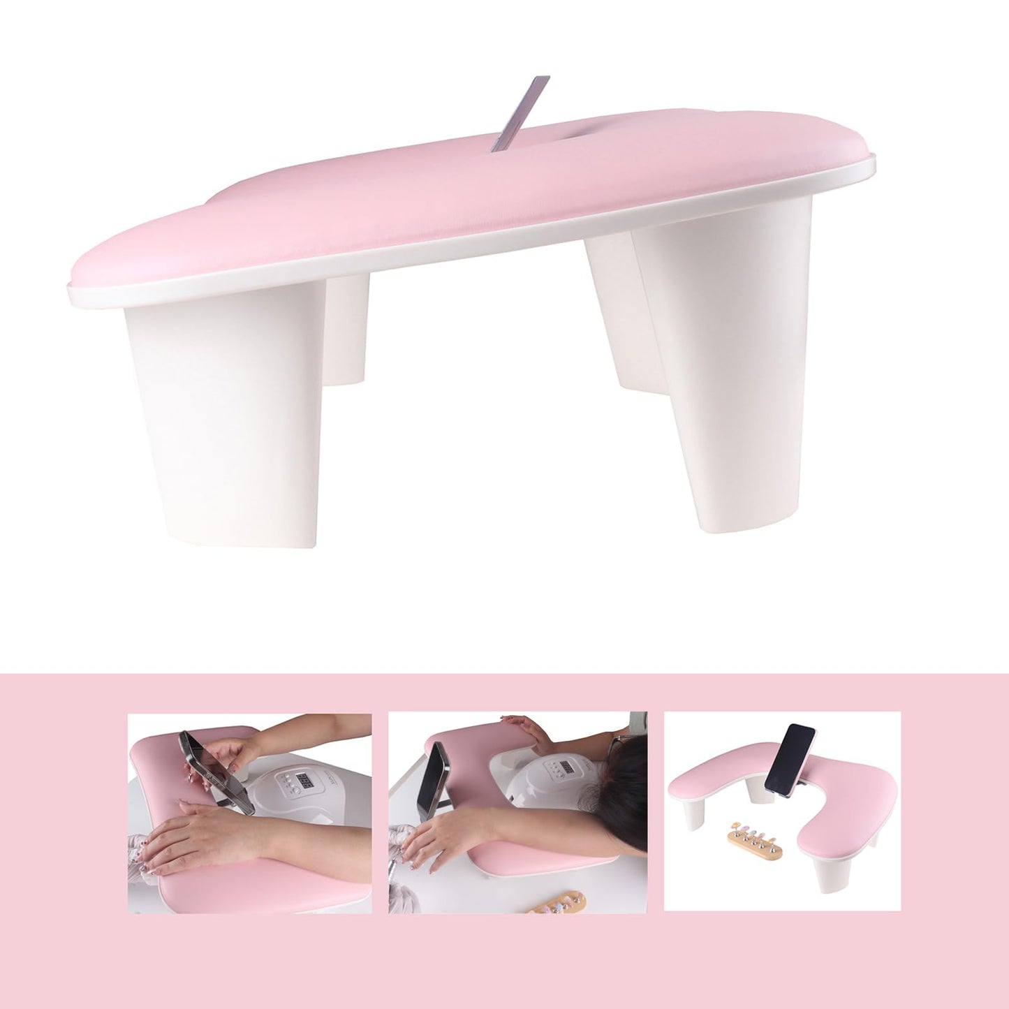 Big Arm Rest for Nails Tech with Rotating Phone Holder, U - Shaped Manicure Hand Rest Stand (Pink)