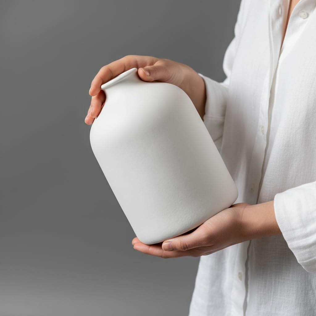 White Ceramic Vase - 7 Inch Tall - Large, Minimalist Modern Home Decor, Decorative Object - Centerpiece, Coffee Table, Living Room, Bookshelf, Office, Entryway, Console, Wedding, Flowers, Olive Plant