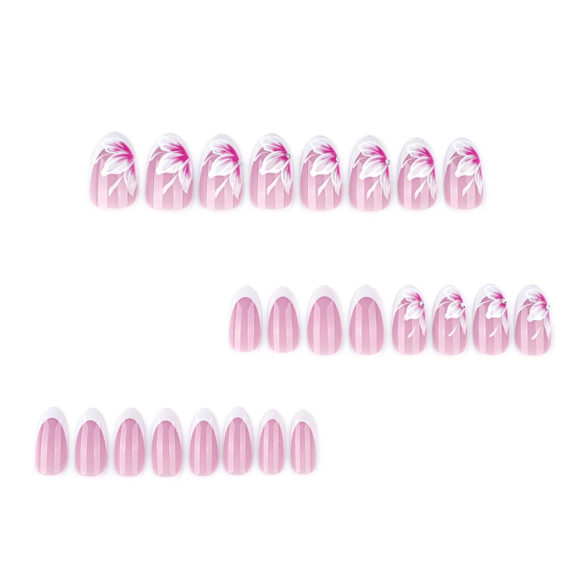 Flower Press on Nails Medium Almond Fake Nails Cute Spring Summer Nails Press ons with Design French Reusable Artificial Nail Full Cover Stick on Nails for Women Manicure 24Pcs
