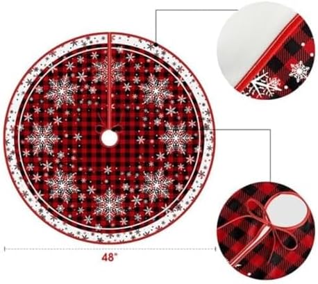 Snowflake Christmas Tree Skirt 48in Red Black Buffalo Plaid Christmas Tree Skirts Rustic Thick Xmas Tree Skirt with Snowflake Winter Happy New Year Decoration for Christmas (red +Black 48in)