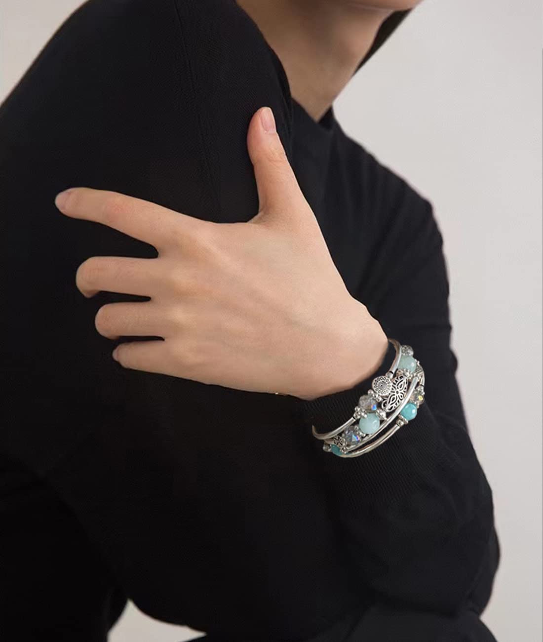 FULU AUTUMN Stackable Beaded Bracelets for Women Boho Wrap Silver Bracelet Layered Fashion Jewelry Gifts for Her(Turquoise)