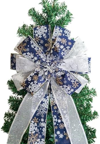 Voeveca Christmas Tree Topper Bow, 53X13 Inch Bule/Silver Xmas Tree Flower Topper Decor, for Family, Wedding, Indoor Outdoor Thanksgiving Christmas Decoration (Blue)