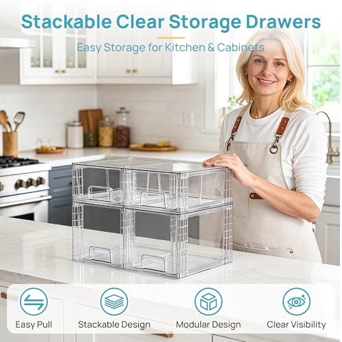 Vtopmart 4 Pack Clear Stackable Storage Drawers,Under Sink and Kitchen Organizers Storage,Easy to Assemble Plastic Drawers for Baby Bottle,Medicine, Bathroom,Cabinet and Pantry Organization - style: 2 Medium+2 Small