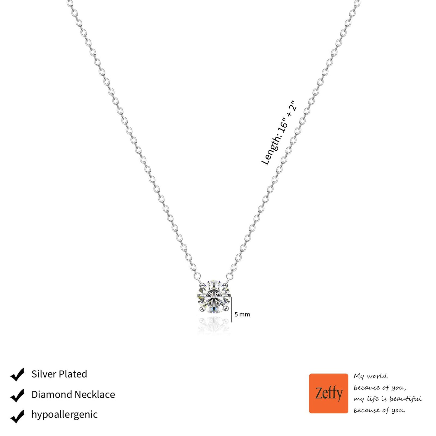 Zeffy Silver Dainty Pendant Necklace, Simple Silver CZ Diamond Choker, 16"+2" Extender, Perfect for Women