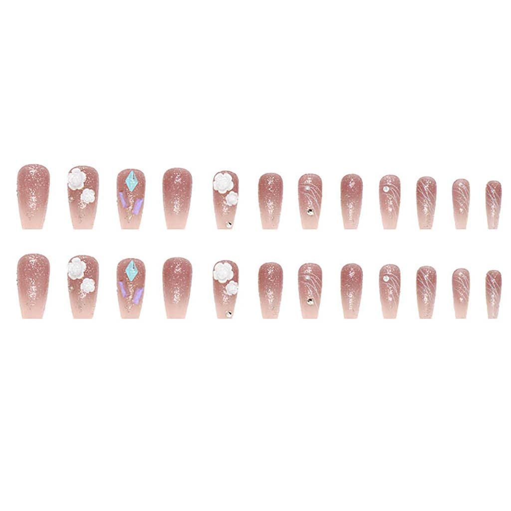 RikView Coffin Press on Nails Long Acrylic Nails with 3D Flowers Pink Fake Nails Glossy Nails for Women 24 PCS/Set