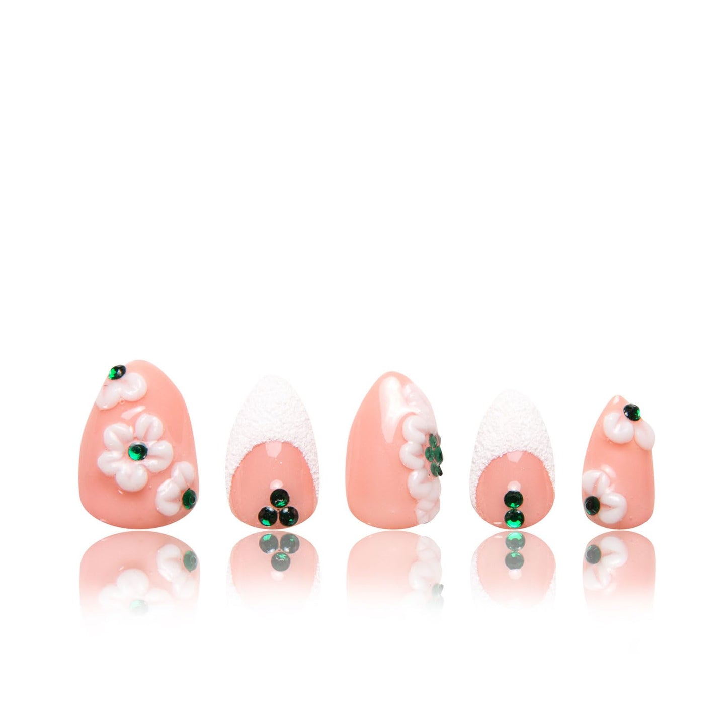 LOVFUL Press on Nails Floral French Tip | Handmade with Full Covered Crystals | Reusable Fake Nails | Almond Short 0.8 in | H70-L