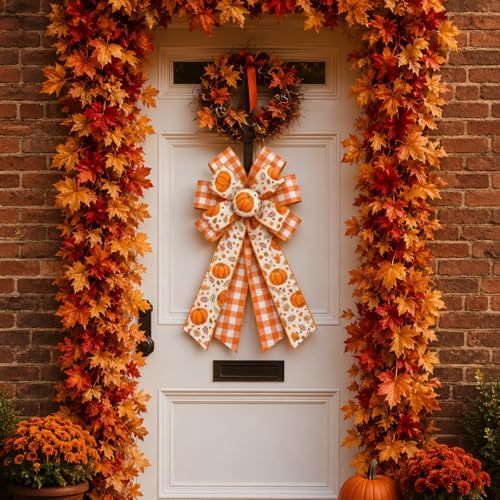 Fall Pumpkin Bow 2 Pack, 20.8 x 11.42 Inch Thanksgiving Wreath Bows with Orange Buffalo Plaid Ribbon, Large Harvest Farmhouse Door Bows for Front Door, Wall, Window, Garland, Autumn Home Decor