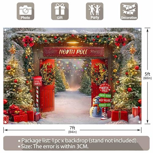 7x5ft Fabric Christmas Backdrop Winter Forest Wooden Barn Door North Pole Snowy Xmas Tree Photography Background Family Holiday Party Decor Photo Props - size: 7'x5'