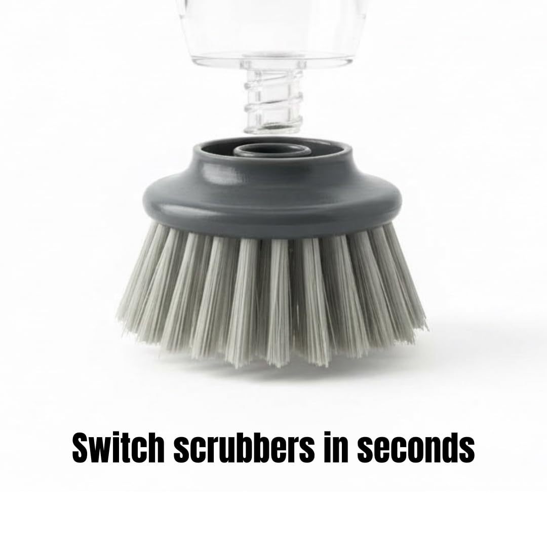 Soap Dispensing Dish Brush with Replaceable Heads – Leak-Proof Kitchen Scrub Brush for Dishes, Sinks & Pots – Ergonomic Non-Slip Handle