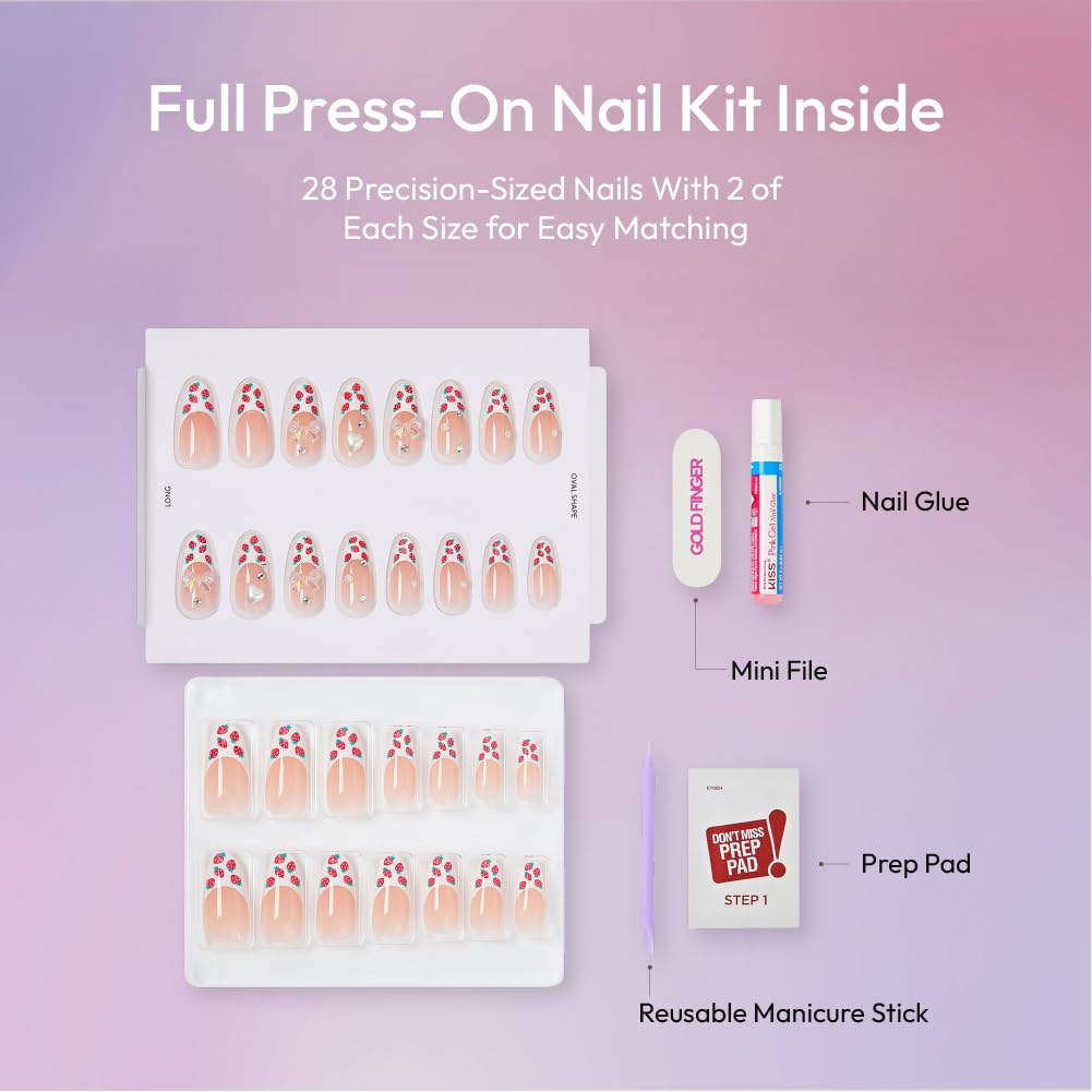 Glitzy 3D Handmade Press On Nail Kit, Rhinestone Strawberry French Tip Long Almond False Nail, Reusable & Lasts Up To 2 Weeks, Seamless Snug Fit Technology, Includes Glue, File & 28Pcs Manicure Set
