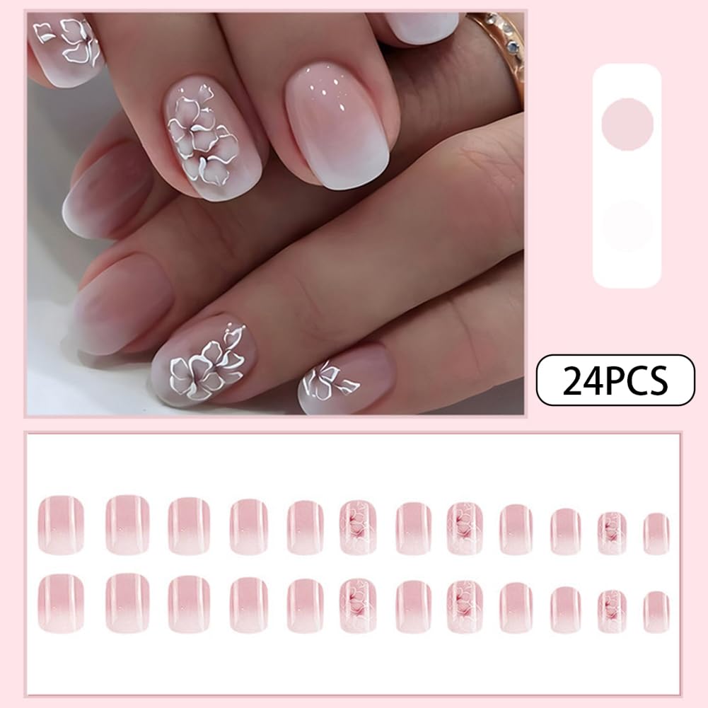 Acrylic Press on Nails Short Square Fake Nails White Ombre Glue on Nails Short False Nails with Flower Gloss Designs Nails Press on Artificial Nails Stick on Nails for Women 24Pcs