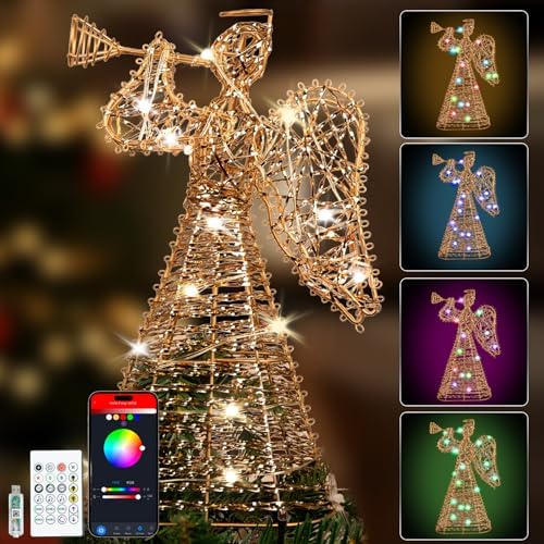 Smart Christmas Tree Topper, 11" RGB Angel Tree Topper, Timer, App Control, USB Powered, Music Sync, Gold Tree Topper for Indoor Party Holiday Decor