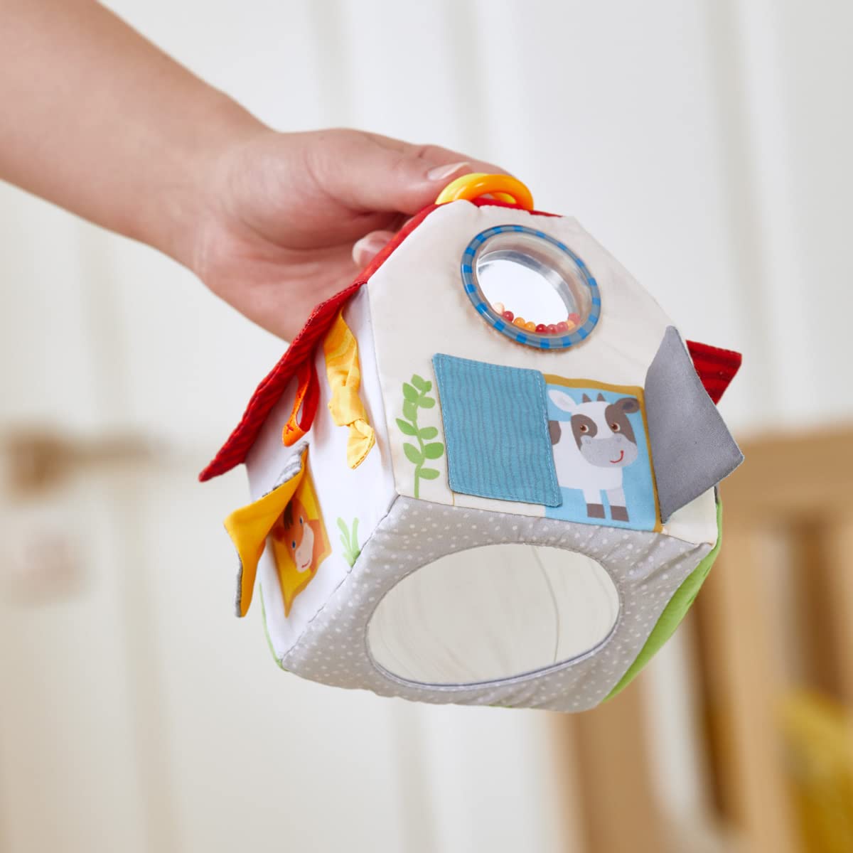 HABA Sensory Play Cube Farmyard - Infant Toys for Tummy Time and Best Toys for Baby Development for 6 Months+ with Rattle, Crinkle Sounds and Tactile Effects