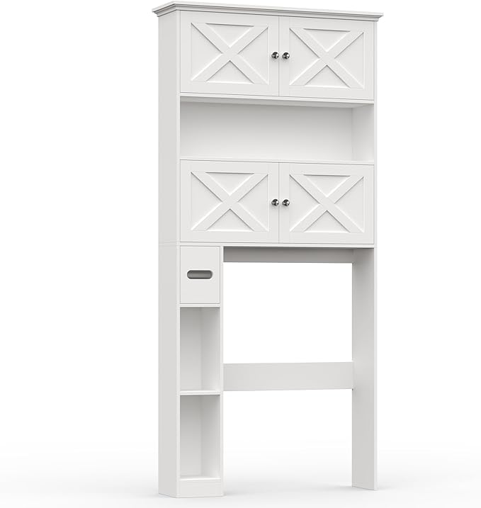 Over The Toilet Storage Cabinet, Farmhouse Storage Cabinet Over Toilet with 4 Barn Doors & Toilet Paper Holder Stand, White Toilet Shelf Home Space Saver for Restroom, Bathroom, Laundry