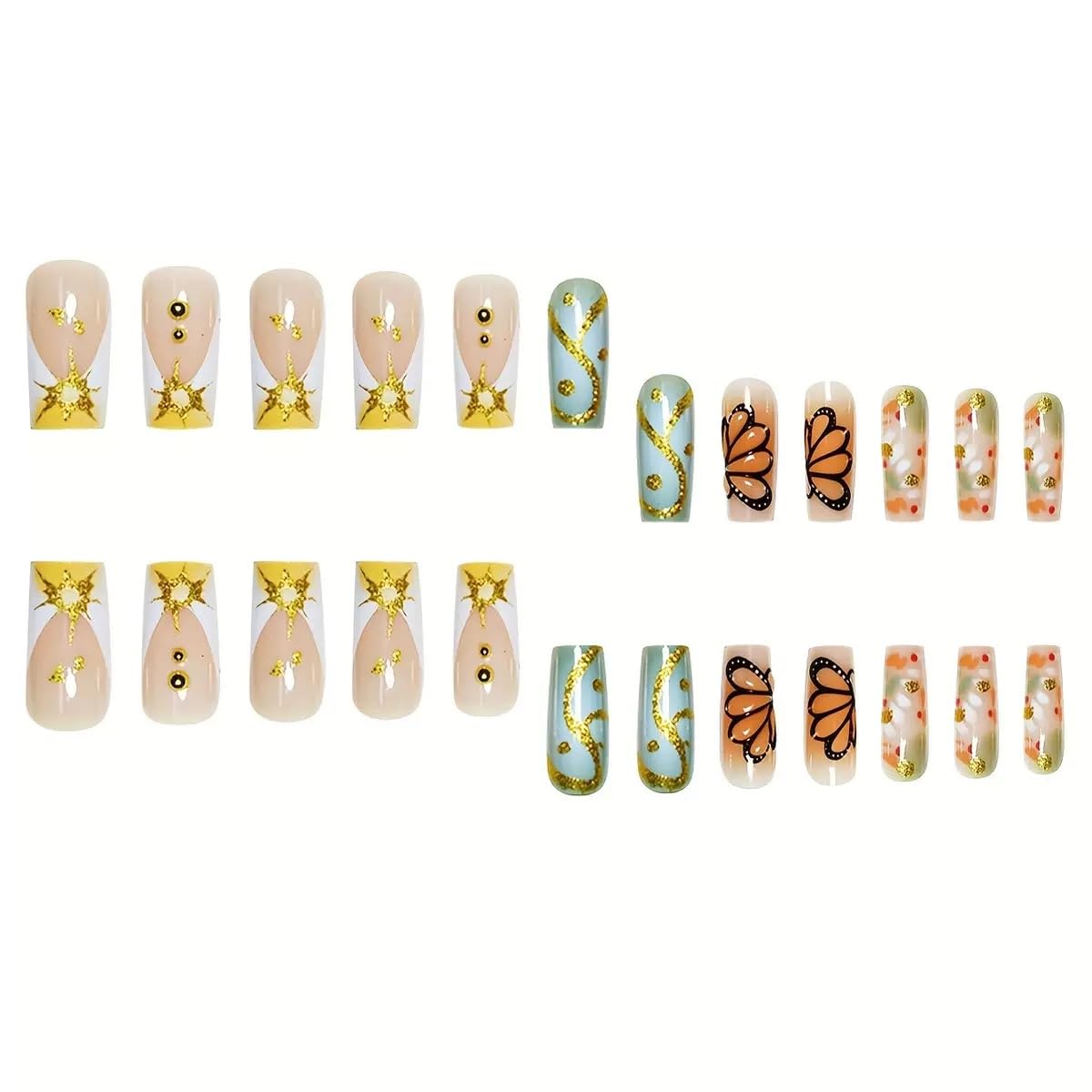 CTTHNBD Press on Nails Medium - Square Fake Nails with Butterfly, Gold Stripes Design - Rhinestone, Stick on False Nails for Women 24 Pcs