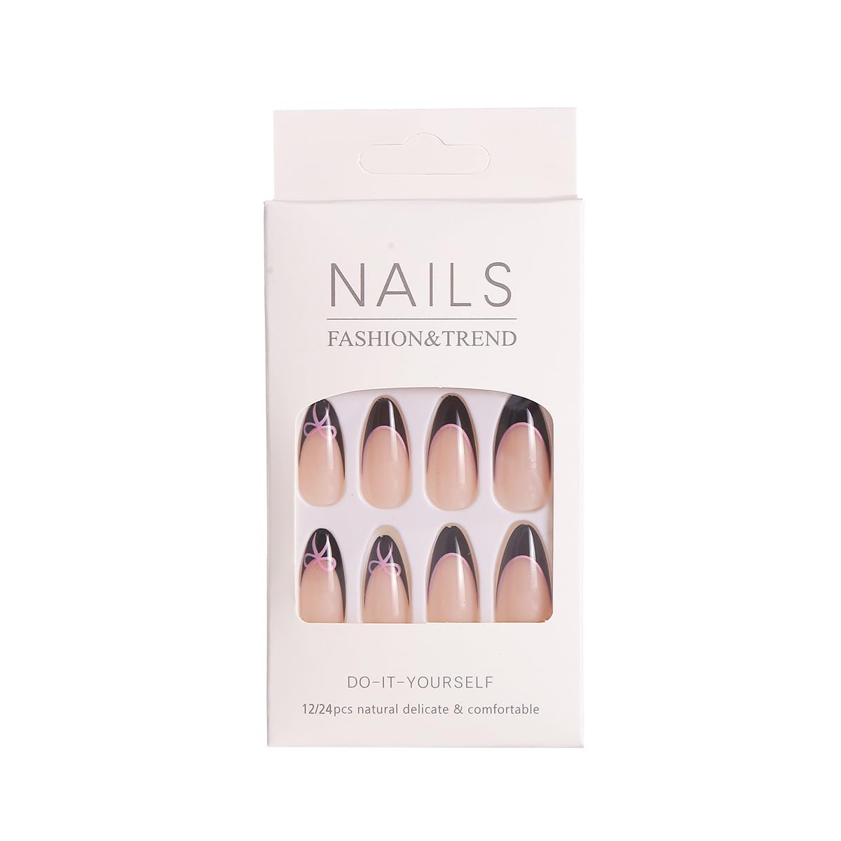 Medium Almond Press On Nails - Black French Tip with Bow Design, 24Pcs - Reusable, Easy Apply