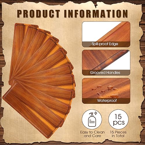 Skylety 15 Pack Solid Wood Serving Tray Large Acacia Party Server Platter Rectangular Charcuterie Board with Grooved Handle for Home kitchen Cheese Appetizer Farmhouse Table Supplies (16.7 x 6.4 Inch) - size: 16.7 x 6.4 Inch