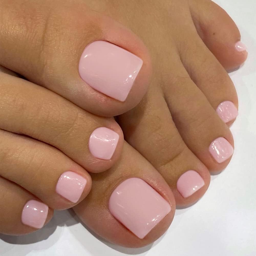 KXAMELIE Light Pink Press on Toes Short Square &Pastel Pink Press on Nails Medium Almond For Beach Party Daily Decoration in 72 PCS