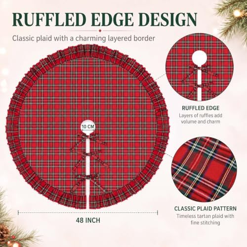 48 Inch Plaid Christmas Tree Skirt with Ruffle, Red Green