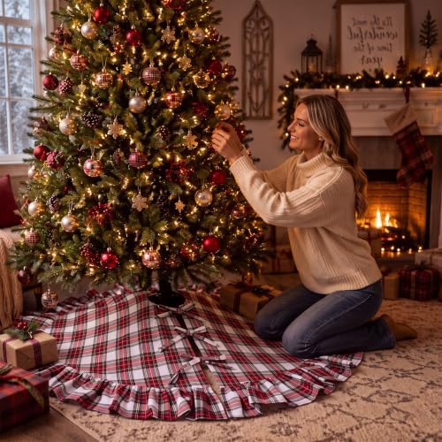 48 Inch Plaid Christmas Tree Skirt with Ruffle, Red White Yellow