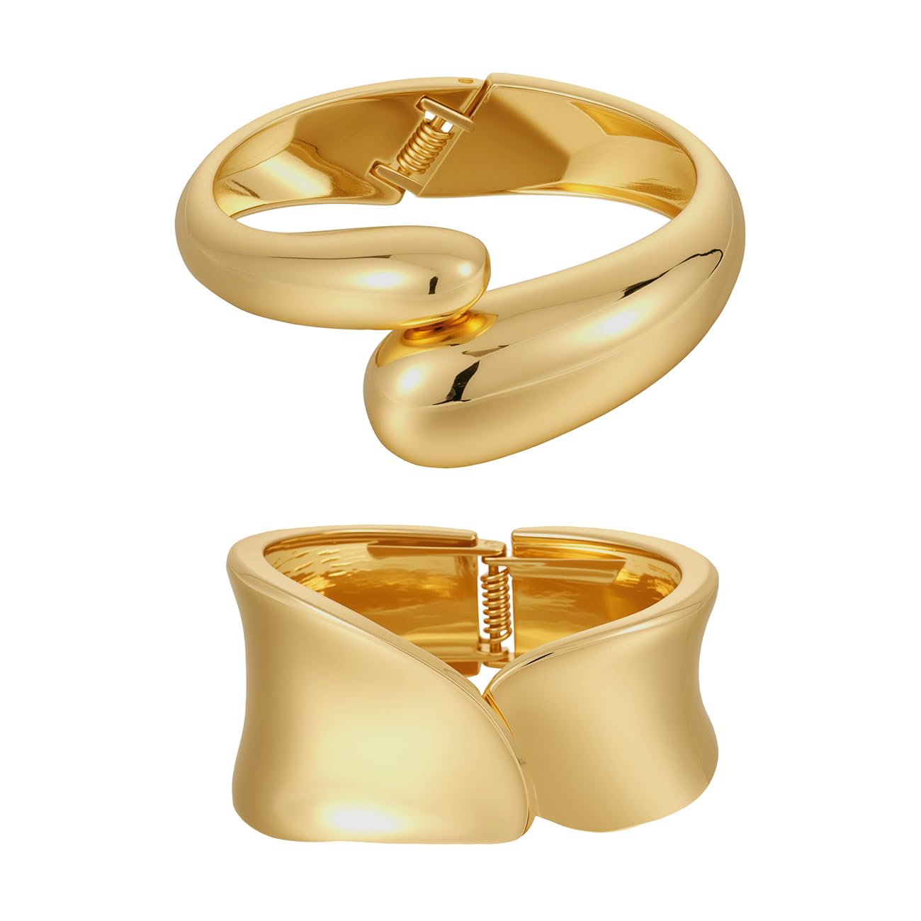 Emibele Wide Cuff Bracelet Stack, 18K Gold-plated Open Bangle Bracelet with Teardrop Design, Hinged Gold Cuff Bracelets for Women, 2 Pack