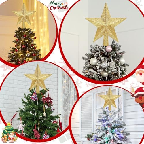 Christmas Tree Star Topper, 8" Gold Glitter Xmas Star Tree Decorations, 3D