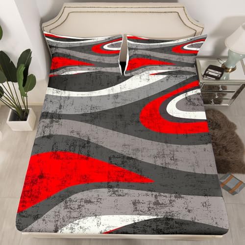 Red and Gray Bed Sheet Set Modern Abstract Art Fitted Sheet for Kids Boys Girls Teens Retro Circle Bedding Set Swirl Bed Cover 2Pcs with 1 Pillow Case Twin Size - color: Multi Aa04, size: Twin