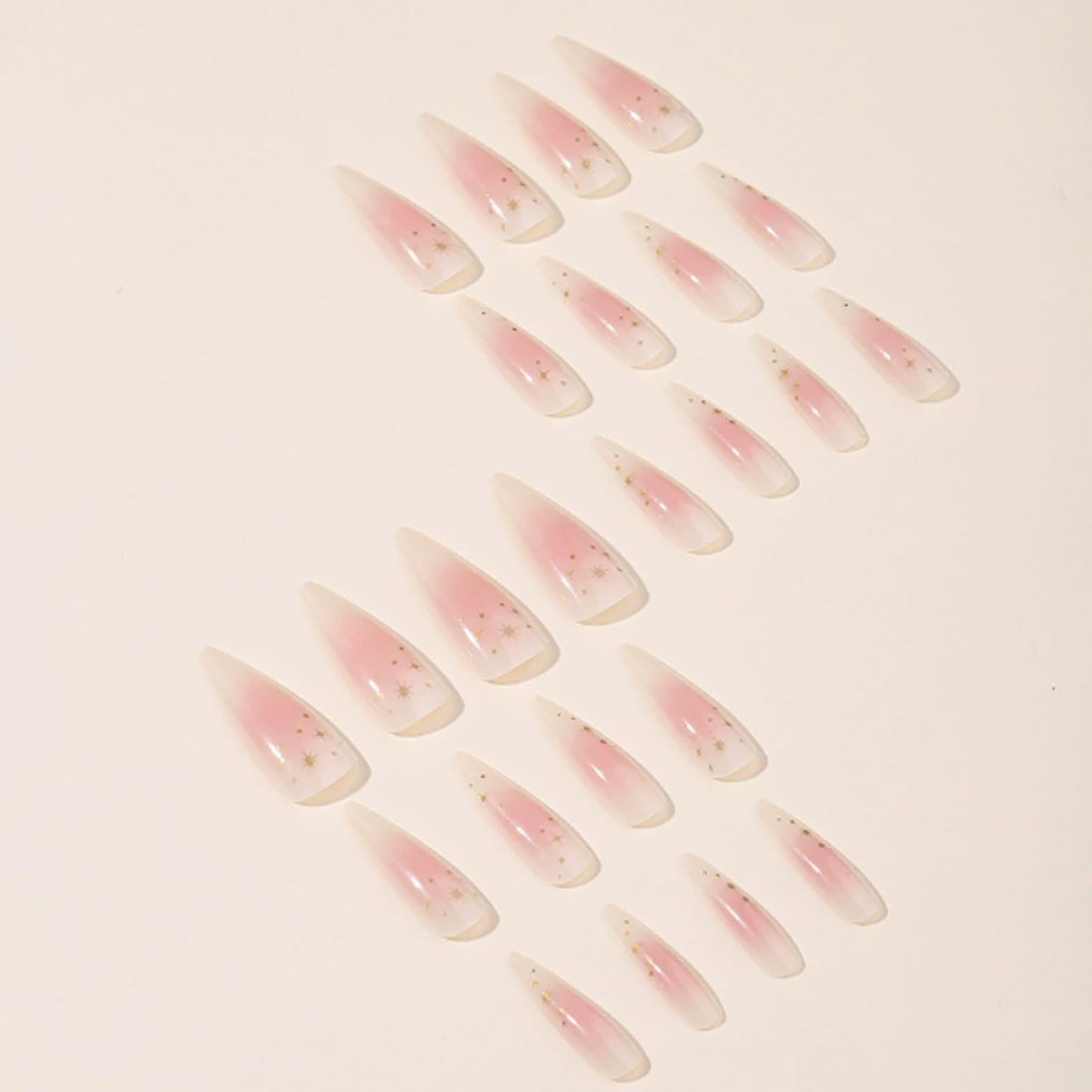 Hkanlre Long Press on Nails Gradient Tips Full Cover Stiletto False Nude Nails Gold Fake Nails for Women 24PCS