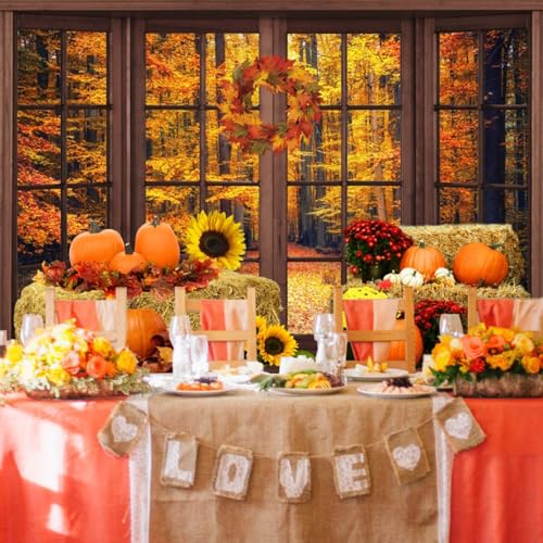 Leowefowa 5x3ft Vinyl Fall Window Backdrop Autumn Forest Pumpkin Photography Background Thanksgiving Party Decorations Baby Shower Birthday Party Background Photo Booth Props - size: 5x3ft
