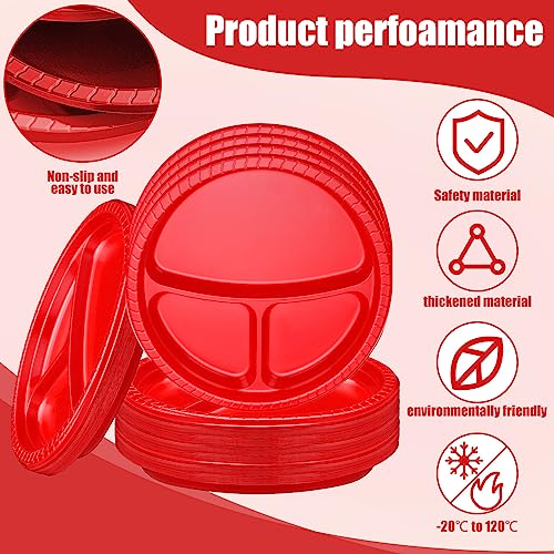 Umigy 100 Pcs 10 Inch 3 Compartments Divided Plastic Plates Bulk Colorful Disposable Heavy Duty Round Dinnerware for Valentine Wedding Birthday Party(Red) - color: Red