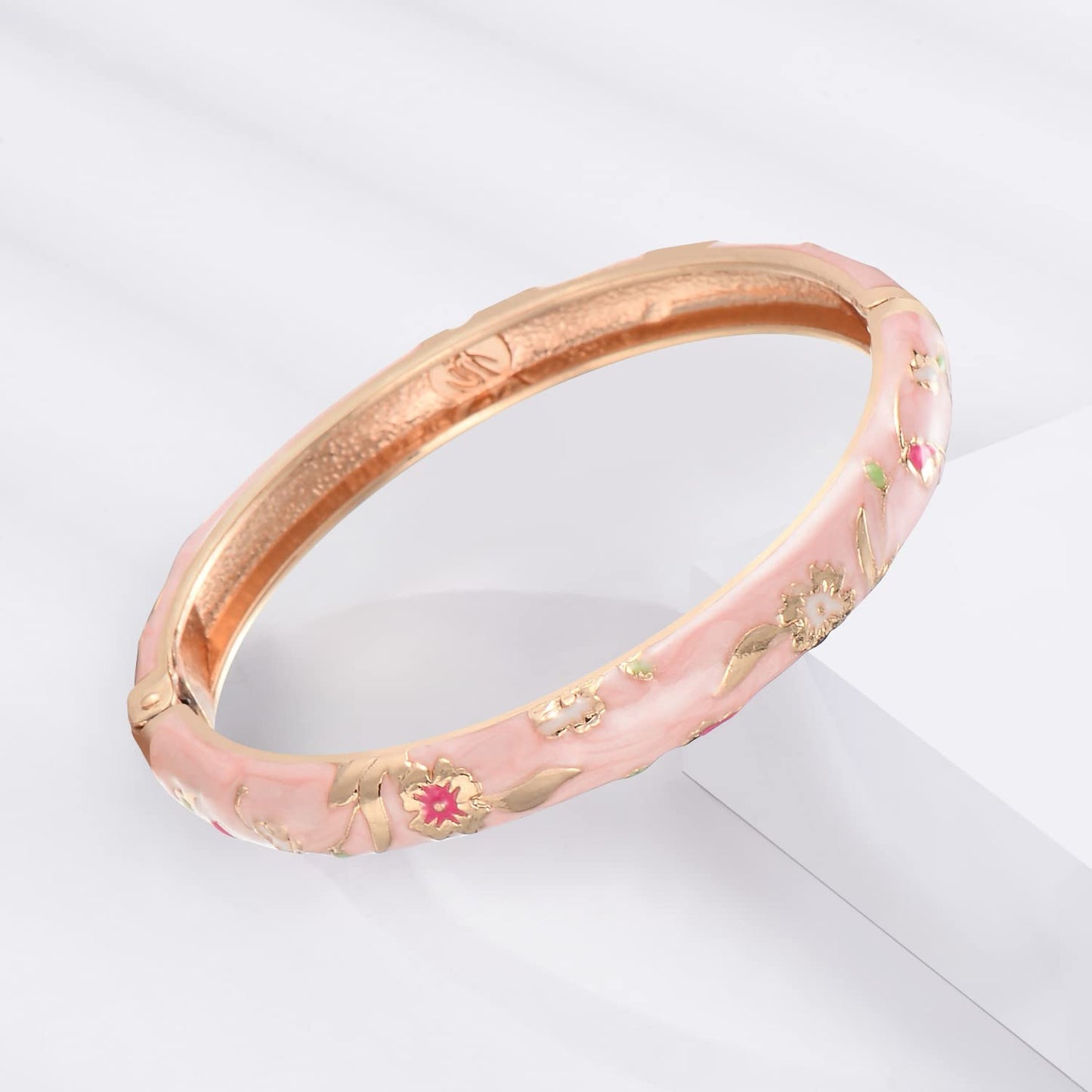 UJOY Women Cloisonne Bracelet Multi-Colors Plated Rhinestone Flower Hollowed Enameled Hinged Cuff Bangles Jewelry Gift 88A08-3PCS Pink