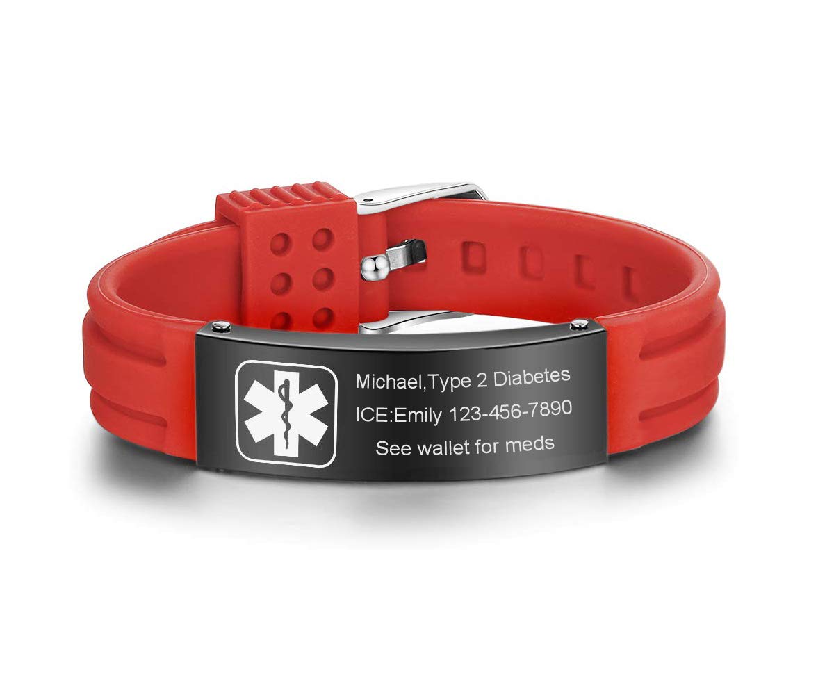 VNOX Customize Emergency Jewelry Medical Alert ID Red Silicone Rubber Stainless Steel Adjustable Bracelet,Unisex