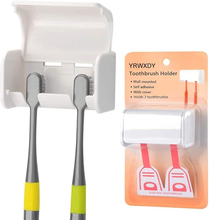 Toothbrush Holder Wall Mounted with Cover, Self Adhesive Toothbrushes Holder Perfect for Dorm Bathrooms and Shower, Holds 2 Toothbrushes