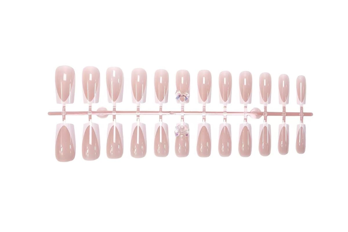 White Press on Nails Bow Fake Nails Short Square False Nail Glossy Full Cover Glue on Nails Nude Stick on Nail Artificial Acrylic Nail for Women Girls Manicure 24Pcs