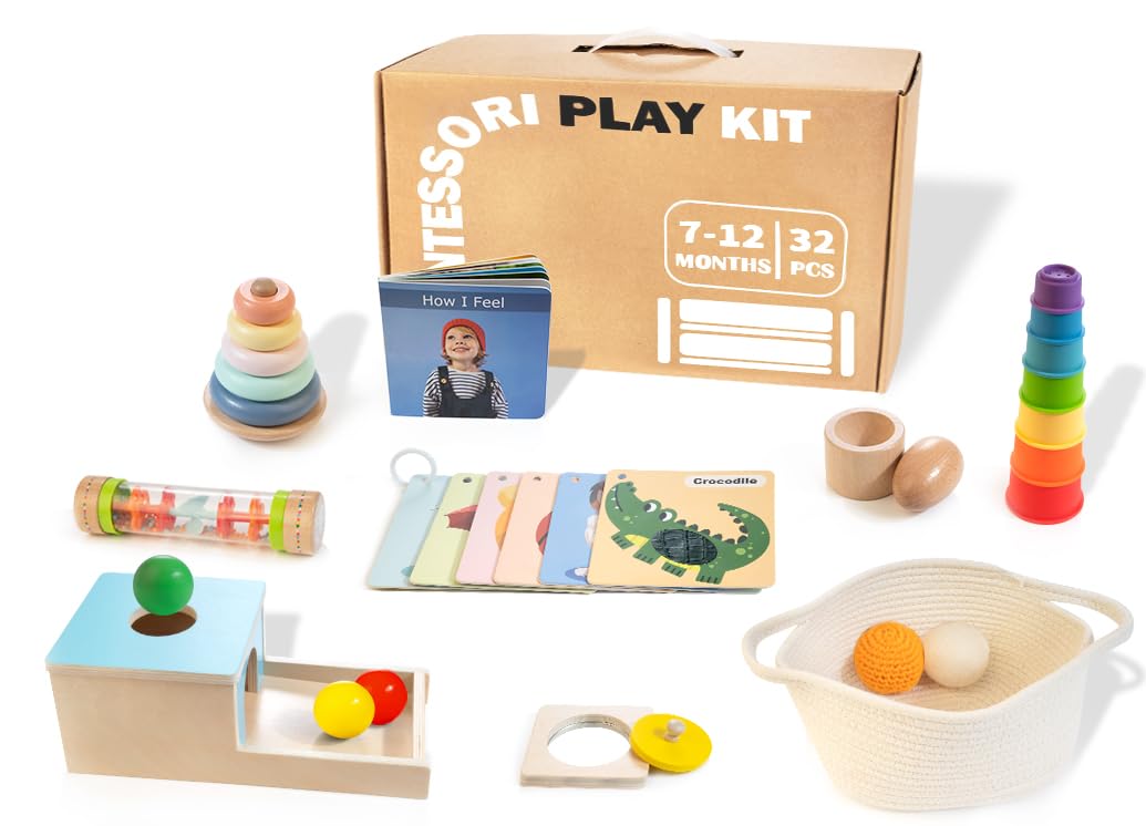 WOODMAM Montessori Toys for Babies 7-12 Months, 9 in 1 Educational Wooden Toys Set, Includes Object Permanent Box, Stacking Cups, Mirror Puzzle, Ring Stacker and More